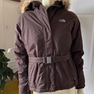 Womens Brown North Face Brown HyVent Fur Trim Hood Down Coat Ski Jacket Small